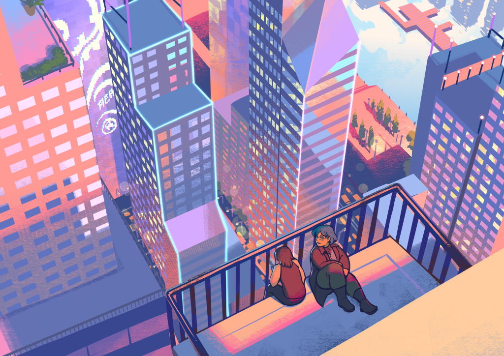 A cityscape from above. Two people sit on a balcony overlooking the streetes.